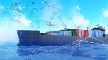 Ocean ships transport goods in containers.Intercontinental shipping by ocean liners,3d rendering