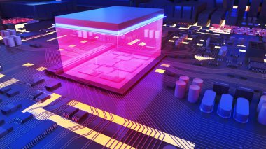 Image of the central processing unit,working processing technology,computer technology in the workplace,Conceptual CPU on circuit board,3d rendering