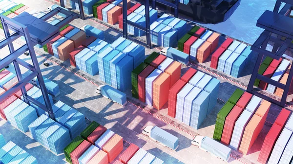 港口和集装箱运输集装箱码头 大型货运港 45度观景角 3D渲染 — 图库照片
