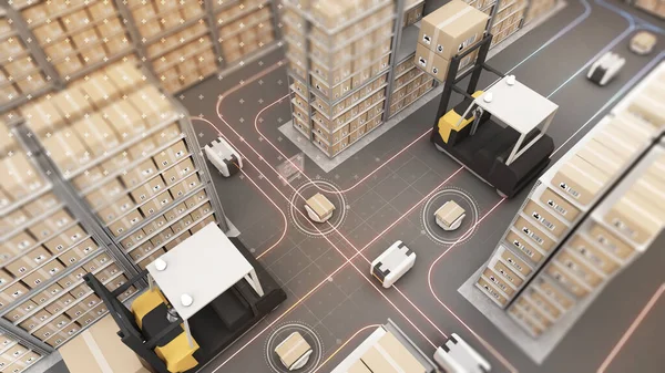 Robot Transport Vrachtafhandeling Automatisering Productbeheer Magazijn Technologieverbindingen Rendering — Stockfoto