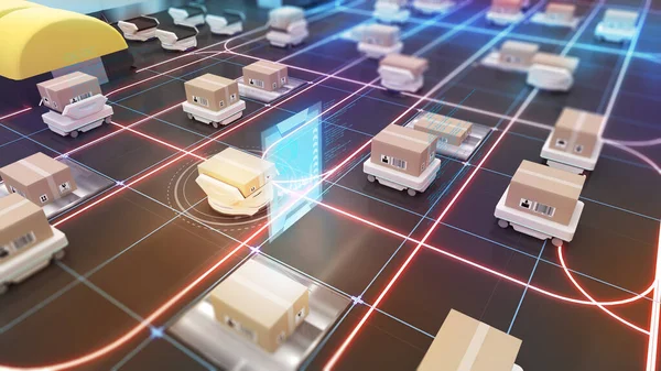 Robottransport Vrachtafhandeling Met Behulp Van Automatisering Productbeheer Magazijn Technologieverbindingen Rendering — Stockfoto