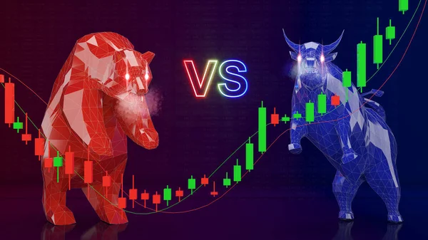 The battle of a bear market or a bull market,business finance and investment,bear and bull on black background,3d rendering