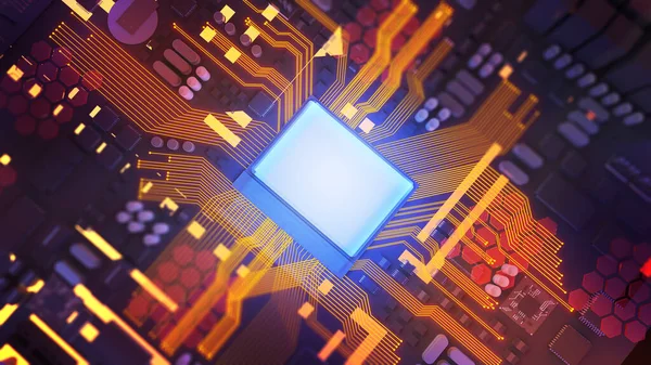 Image of the central processing unit,working processing technology,computer technology in the workplace,Conceptual CPU on circuit board,3d rendering