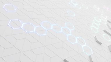 Beyaz zemin üzerinde altıgen desen, beyaz, bilim ve teknoloji konsepti üzerinde altıgen molekül yapısı, neon ışığı, 3D görüntüleme
