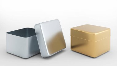 Beyaz arkaplandaki gümüş ve altın rengi kutular, beyaz arkaplanda izole edilmiş, 3D görüntüleme