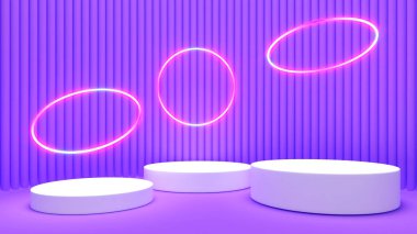 Dikey mor kıvrımlı arka plan 33D görüntüleme üzerinde beyaz model duruyor.