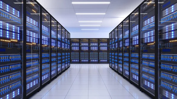 Veri Merkezi 'nin tam teşekküllü sunucu raflarıyla çekilmiş hali. Modern Telekomünikasyon, Yapay Zeka, geniş sunucu alanı, 3D görüntüleme