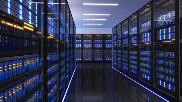 フル稼働サーバーラックの複数の行を持つデータセンターのショット 現代の電気通信 人工知能 大規模なサーバーエリア 3Dレンダリング — ストック写真