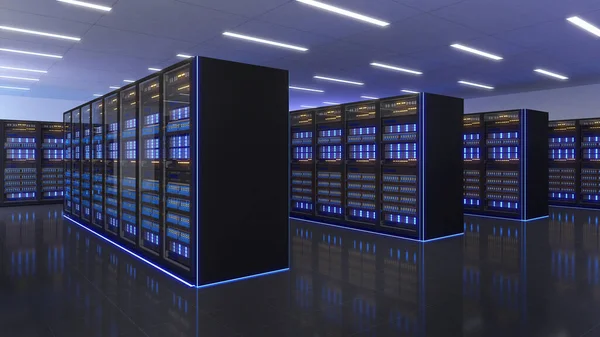 Veri Merkezi 'nin tam teşekküllü sunucu raflarıyla çekilmiş hali. Modern Telekomünikasyon, Yapay Zeka, geniş sunucu alanı, 3D görüntüleme