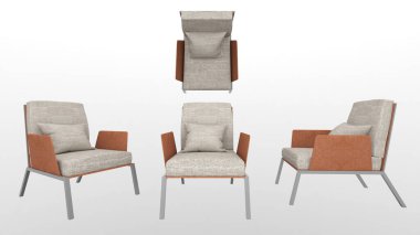 Beyaz arka planda kol koltuğu, üst görünüm, yan, üç boyutlu görüntüleme