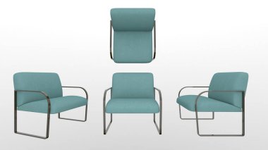 Beyaz arka planda kol koltuğu, üst görünüm, yan, üç boyutlu görüntüleme