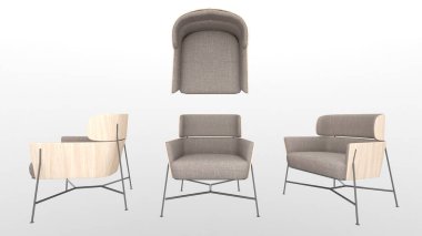 Beyaz arka planda kol koltuğu, üst görünüm, yan, üç boyutlu görüntüleme