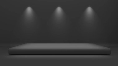 Siyah arka plan spot ışığı üzerine siyah podyum, ürün sunumu için mockup podyumu 3d görüntüleme