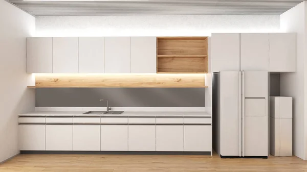 White Kitchen Cabinets Sink Refrigerator Side View Kitchen Rendering — 图库照片