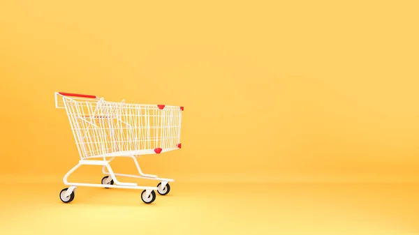 Shopping Cart Yellow Background Purchasing Promoting Products Rendering — Stockfoto
