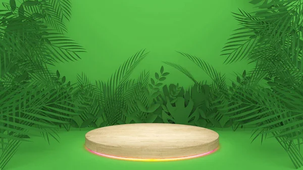On a background of botanica leaves, a wood circle stands.,mock up podium for product presentation,3D rendering