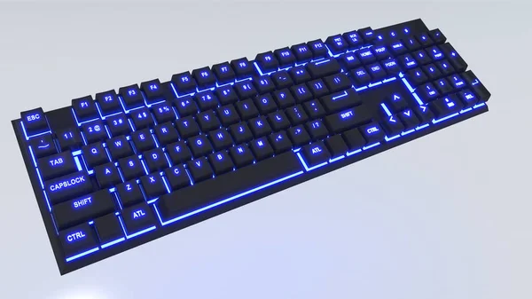 Black Mechanical Keyboard White Background Blue Neon Light Renderin — Fotografia de Stock