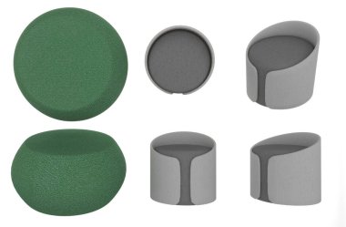 Beyaz arkaplan üzerinde daire sandalye yeşil ve gri, üst görünüm, yan, 3d görüntüleme