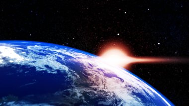 Dünyanın geleceği bizim ellerimizde. Uzaydaki Dünya gezegeni. Bu görüntünün unsurları NASA 3D görüntüleme ile süslenmiştir..