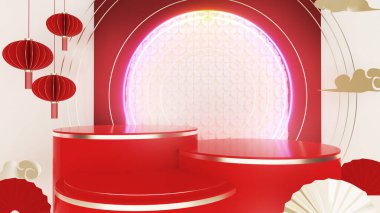 Lambalı kırmızı kaide, sunum modeli, Çin Yeni Yıl kutlaması, Ay Yeni Yıl konsepti, 3D sunum