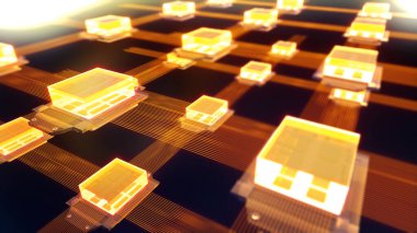 Büyük hesaplama, soyut teknoloji veri aktarım arkaplanı, 3d oluşturma için çoklu işlemcileri bağla