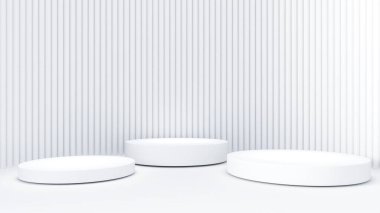 Beyaz zemin üzerinde üç beyaz duruş, ürün sunumu için podyumu taklit et, 3D görüntüleme