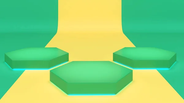Green Hexagon Pedestal Yellow Green Background Mock Presentation Rendering — Stockfoto