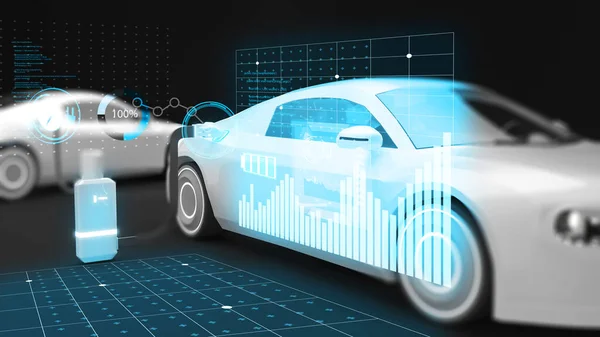 该技术屏幕显示了充电结果和电动汽车系统 替代能源概念智能汽车充电器电动汽车充电器充电站 3D渲染 — 图库照片