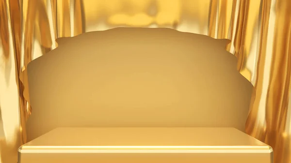 gold square pedestal on a gold background with gold curtains,mock up podium for product presentation,3d rendering