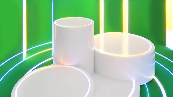 Pedestal Círculo Branco Fundo Verde Circular Simular Com Luz Renderização — Fotografia de Stock