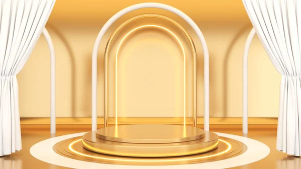 Gold Pedestal Gold Background White Curtains Gold Material Mock Podium — Fotografia de Stock