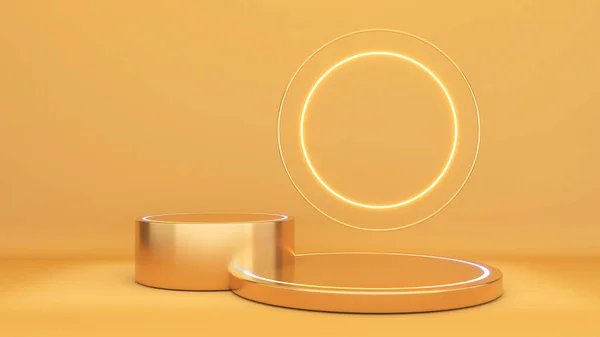 Gouden Sokkel Een Gouden Achtergrond Met Neon Licht Goud Materiaal — Stockfoto