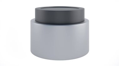 Kozmetik şişe maketi, beyaz arka planda daire şeklindeki gümüş kutular, beyaz arka planda izole edilmiş, 3D görüntüleme.