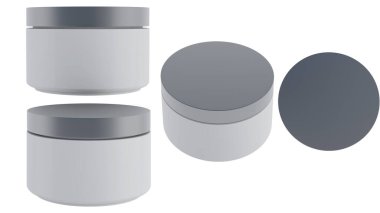 Kozmetik şişe maketi, beyaz arka planda daire şeklindeki gümüş kutular, beyaz arka planda izole edilmiş, 3D görüntüleme.