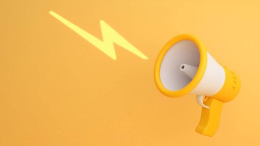 Sarı arka planda megafon, bildirimler, anonslar, önemli haberler.