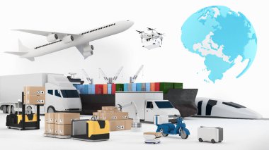 Various types of transportation: cars, planes, trains, and ships