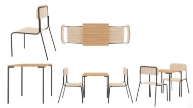 Ahşap yemek masası ve ahşap sandalye beyaz arka planda, üst manzara, yan, üç boyutlu görüntüleme