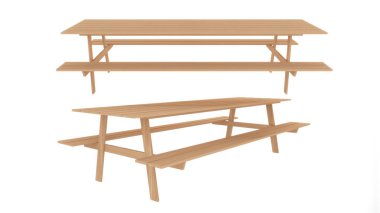 Beyaz arka planda uzun tahta masa ve sandalye, yan görünüş, 3D görüntüleme