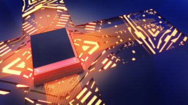 Image of the central processing unit,working processing technology,computer in the workplace,Conceptual CPU on circuit board,top view,3d renderin