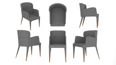 Beyaz arka planda gri kumaş koltuk, üst görünüm, yan, üç boyutlu görüntüleme