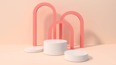 Beyaz daire ürün örnekleri yerleştirmek için modelleniyor. Pastel açık pembe arka planda, 3D görüntüleme