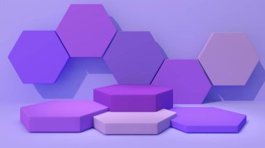 Mor altıgen ürün örnekleri yerleştirmek için modellendi. Pastel açık mor arka planda, 3D görüntüleme