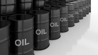 Beyaz arka planda bir sürü petrol tankı, dünya enerji işi, 3D görüntüleme