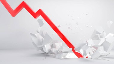 The red arrow shot down through the ground until it shattered.,Stock market crash, world economy recession,3d rendering