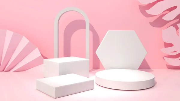 White circle and square mock up to place product samples. on a pastel pink background,3d rendering