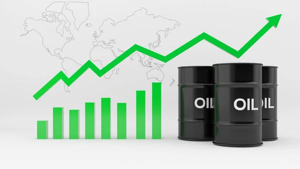Ölfass Auf Weißem Hintergrund Mit Steigenden Aktienkursen Und Weltkarte Ölpreise — Stockfoto