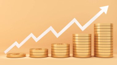 Beyaz zemin üzerinde altın sikke ve beyaz ok yukarı eğilimi, ABD Doları Para ve Tasarruf, 3D görüntüleme