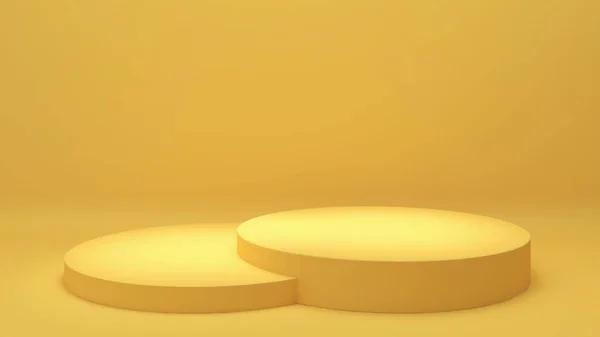 Two yellow circles stand on a Yellow background,mock up podium for product presentation,3d rendering