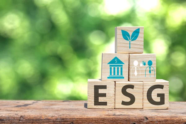 Social and environmental responsibility for sustainable development,ESG concept, good governance Environment for social sustainability,wooden box image with esg icon on wooden floor and blurry leaf background