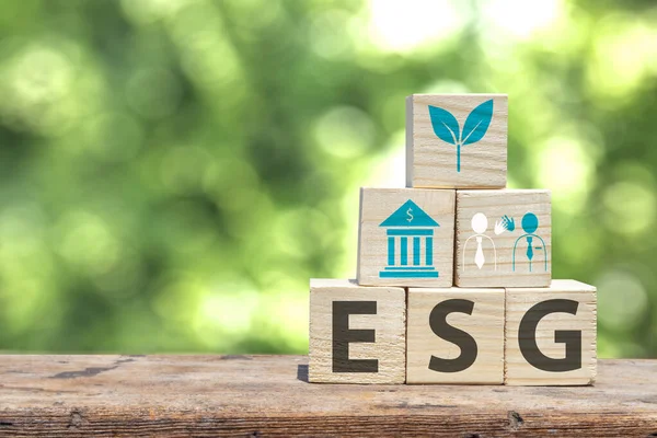 Social and environmental responsibility for sustainable development,ESG concept, good governance Environment for social sustainability,wooden box image with esg icon on wooden floor and blurry leaf background